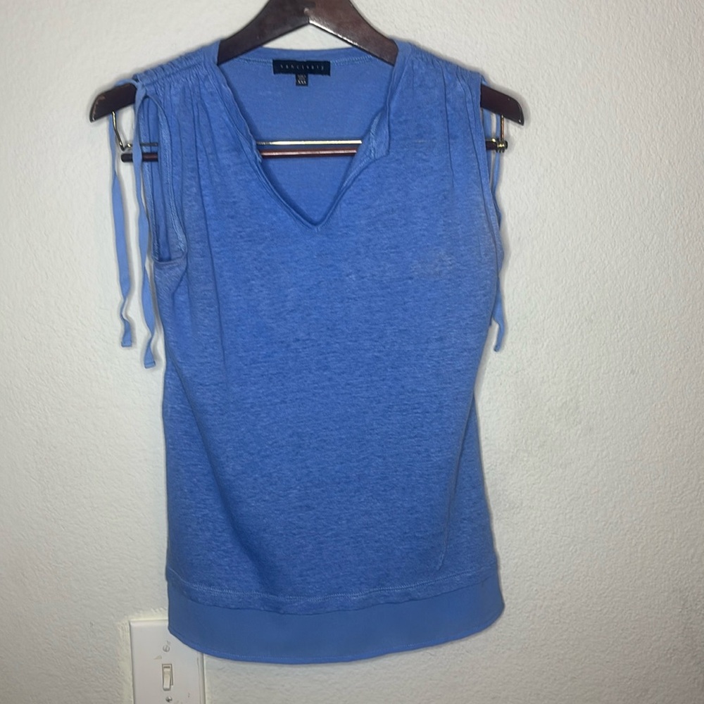 Sanctuary Nora Tiered Hem Linen Top In Blue Linen V Neck Sheer Hem Size XXS